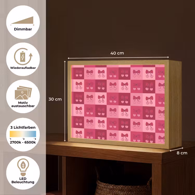 Kersen - Strikjes - Speels - Roze - Bordeaux Light Box met batterij (Wandlamp) middel 907 -USP_websiteoverzichtDE
