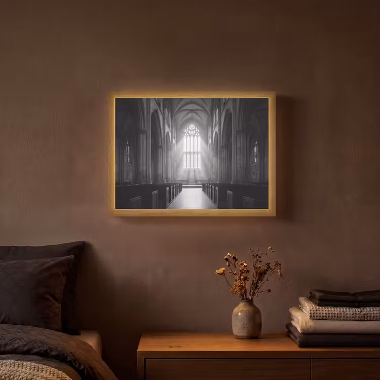 Kerk - Interieur - Lichtstralen - Architectuur - Klassiek Light Box met batterij (Wandlamp) middel -sfeer4