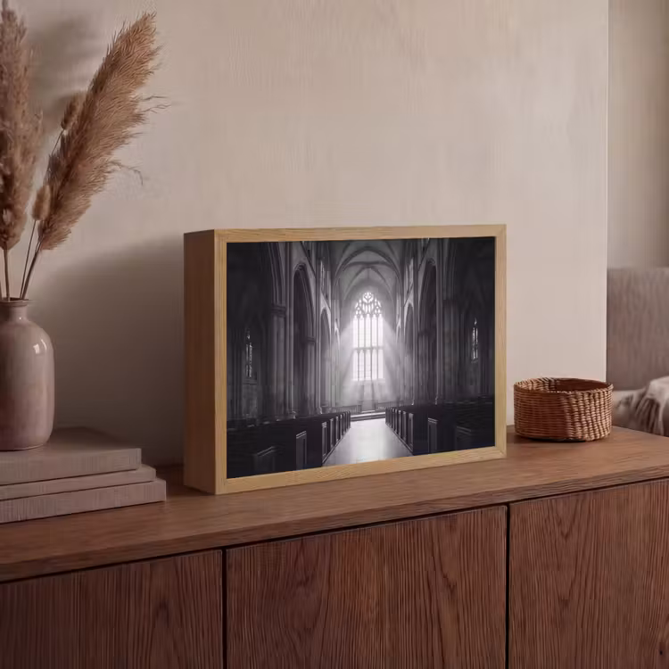 Kerk - Interieur - Lichtstralen - Architectuur - Klassiek Light Box met batterij (Wandlamp) middel -sfeer2