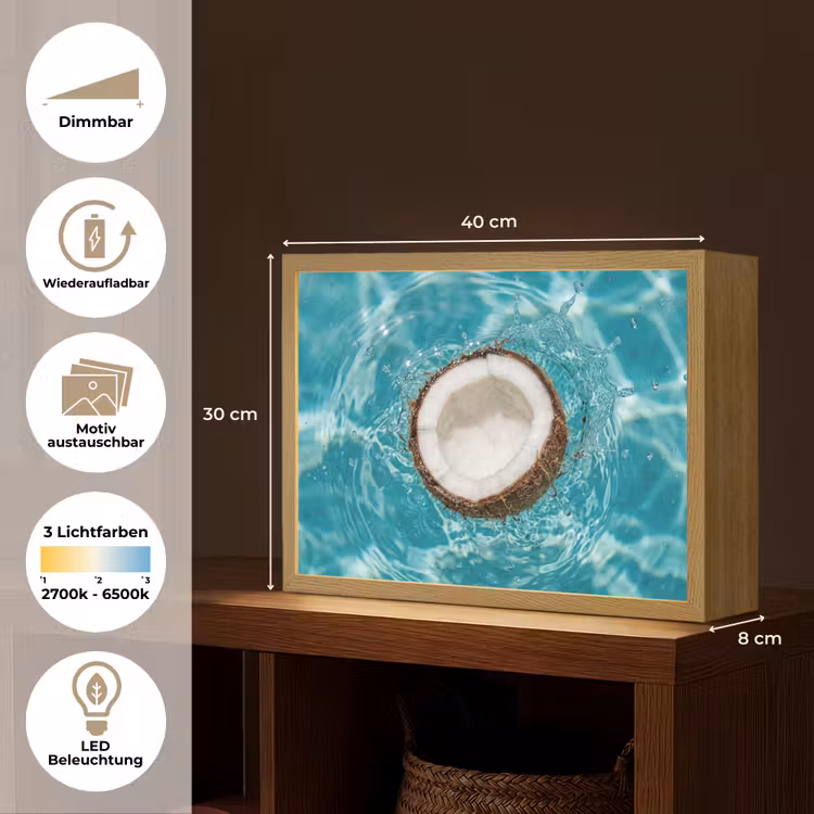 Kokosnoot - Water - Wit Light Box met batterij (Wandlamp) middel -USP_websiteoverzichtDE
