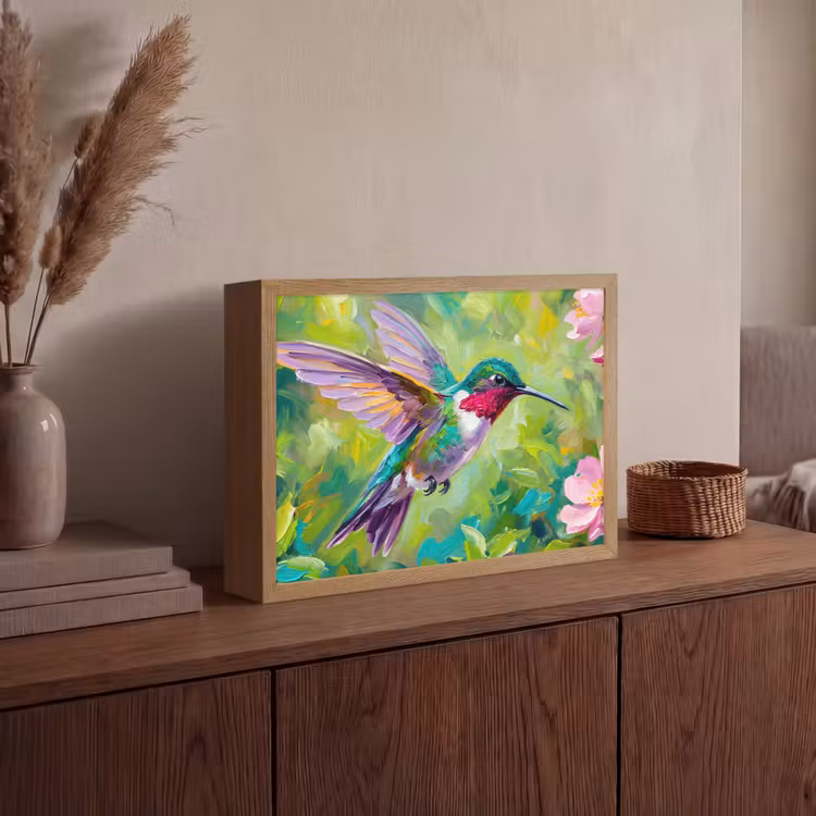 Kolibrie - Bloemen - Natuur - Kleurrijk Light Box met batterij (Wandlamp) middel -sfeer2