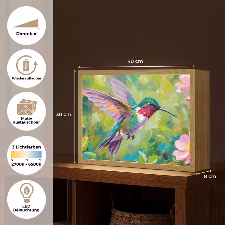 Kolibrie - Bloemen - Natuur - Kleurrijk Light Box met batterij (Wandlamp) middel -USP_websiteoverzichtDE