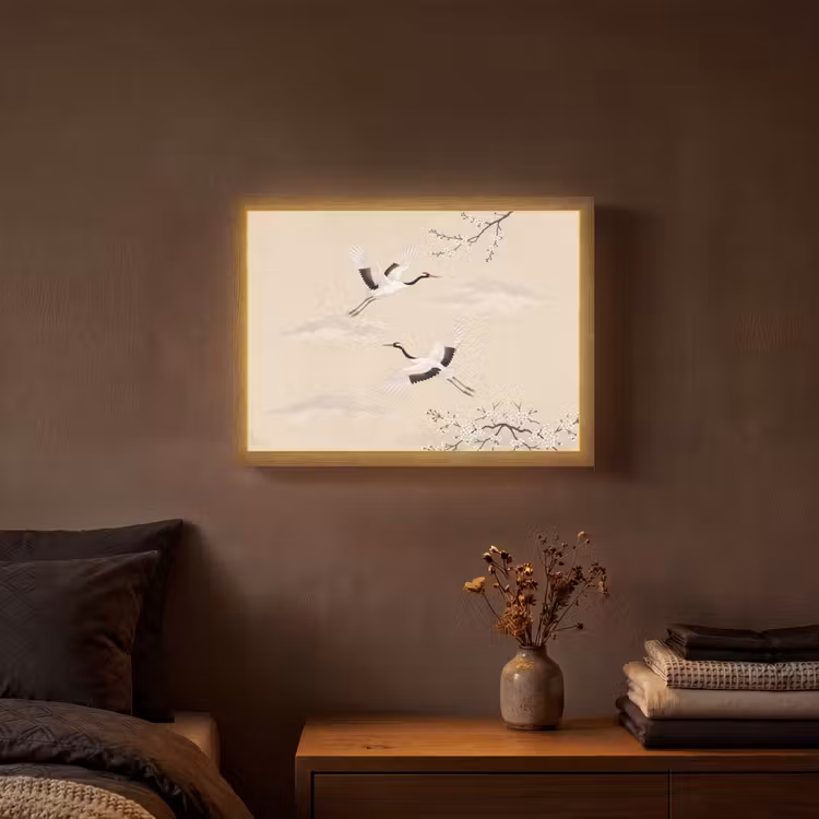 Kraanvogels - Bloesem - Beige Light Box met batterij (Wandlamp) middel -sfeer4