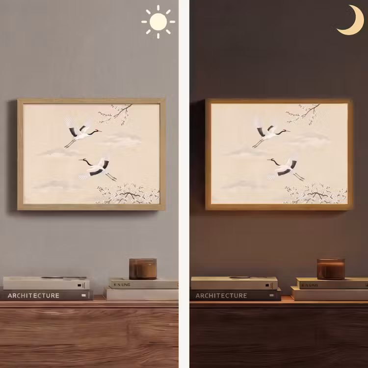 Kraanvogels - Bloesem - Beige Light Box met batterij (Wandlamp) middel -sfeer3