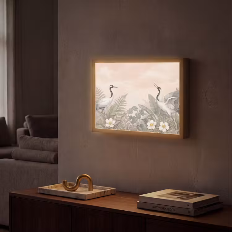 Kraanvogels - Natuur - Roze Light Box met batterij (Wandlamp) middel -sfeer1