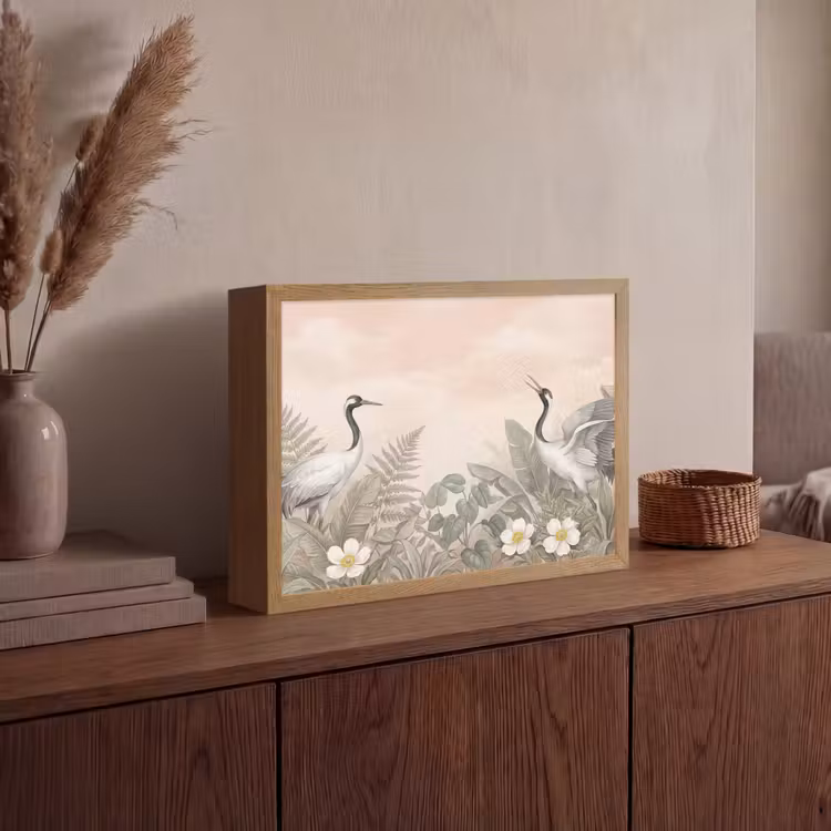 Kraanvogels - Natuur - Roze Light Box met batterij (Wandlamp) middel -sfeer2