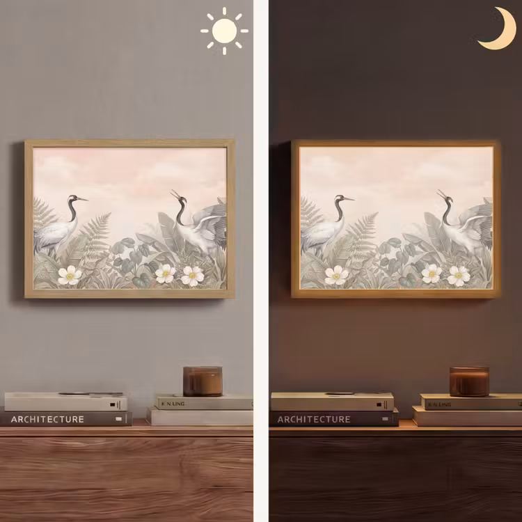 Kraanvogels - Natuur - Roze Light Box met batterij (Wandlamp) middel -sfeer3