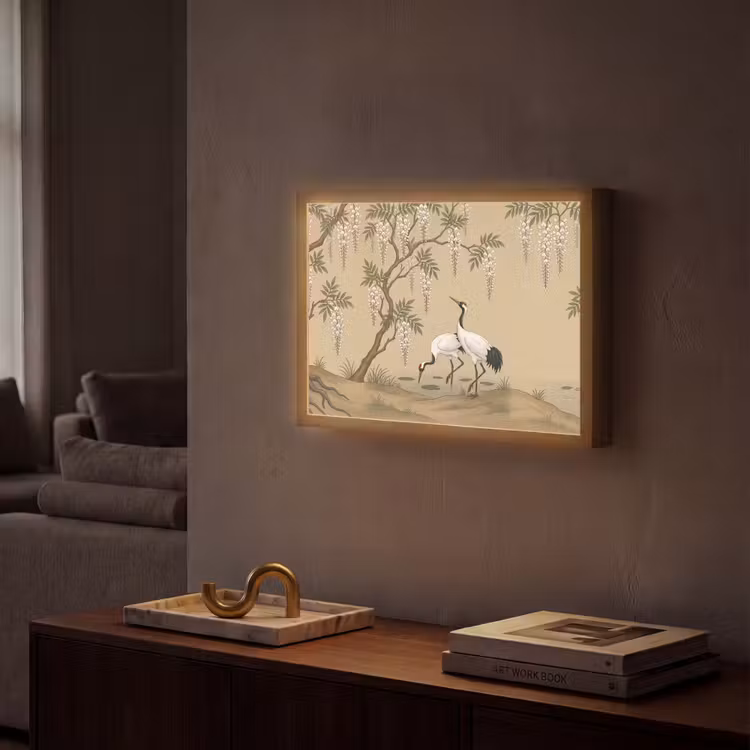 Kraanvogels - Water - Beige Light Box met batterij (Wandlamp) middel -sfeer1