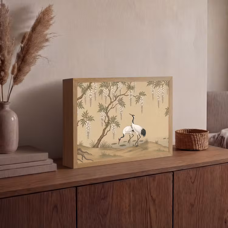 Kraanvogels - Water - Beige Light Box met batterij (Wandlamp) middel -sfeer2
