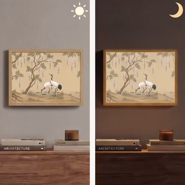 Kraanvogels - Water - Beige Light Box met batterij (Wandlamp) middel -sfeer3
