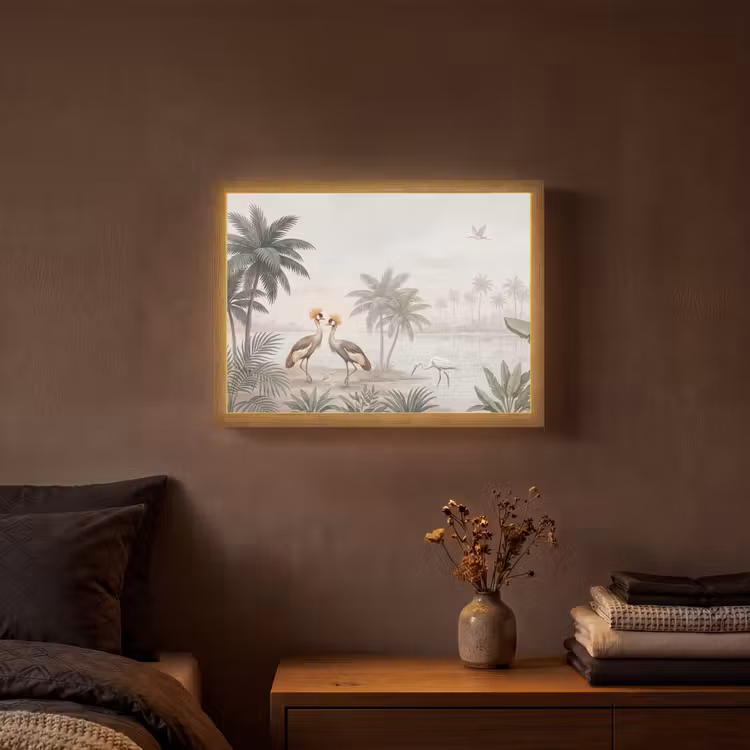 Kraanvogels - Palmbomen - Tropisch Light Box met batterij (Wandlamp) middel -sfeer4
