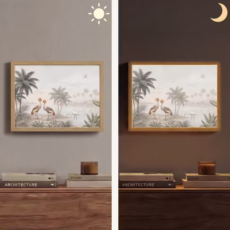 Kraanvogels - Palmbomen - Tropisch Light Box met batterij (Wandlamp) middel -sfeer3