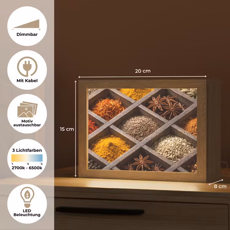 Lightbox - Wandleuchte - Kräuter – Holz – Essen - Kruiden - Houten - Eten Light Box met kabel (Wandlamp) klein