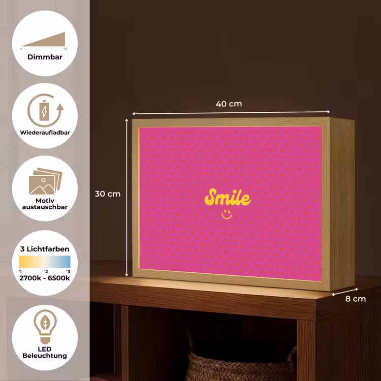 Smile - Stippen - Geel - Smiley - Roze Light Box met batterij (Wandlamp) middel -USP_websiteoverzichtDE
