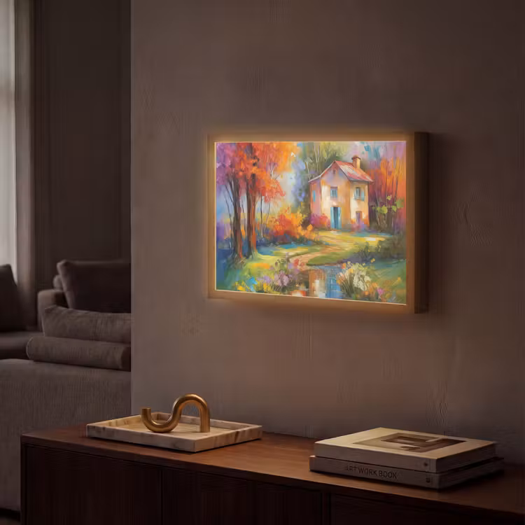 Landschap - Kleurrijk - Olieverf - Kunst Light Box met batterij (Wandlamp) middel -sfeer1