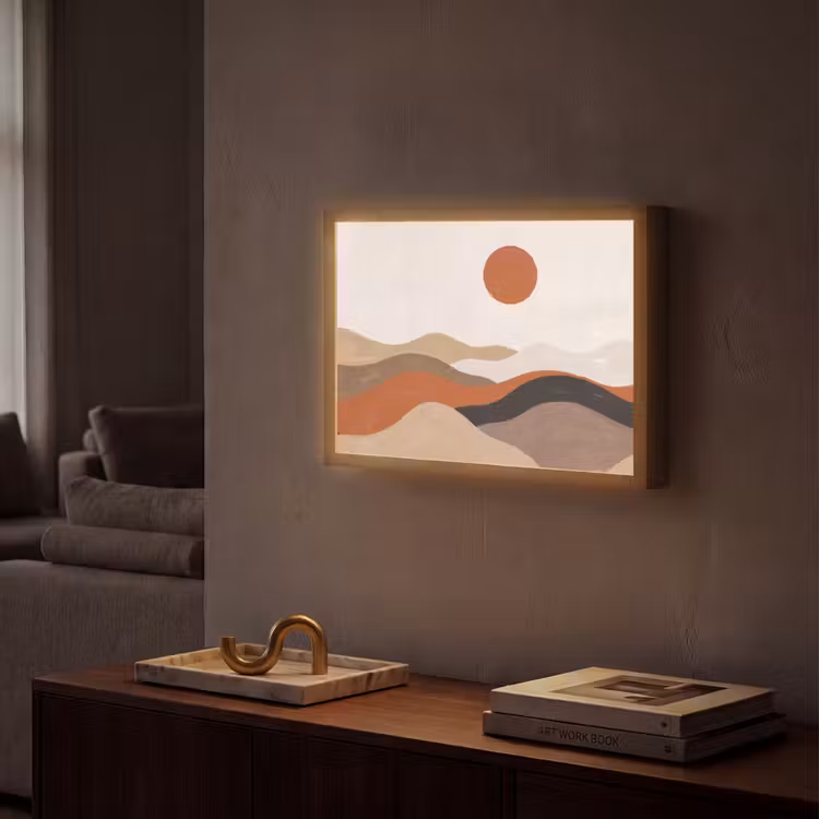 Landschap - Heuvels - Zon - Abstract - Oranje Light Box met batterij (Wandlamp) middel -sfeer1