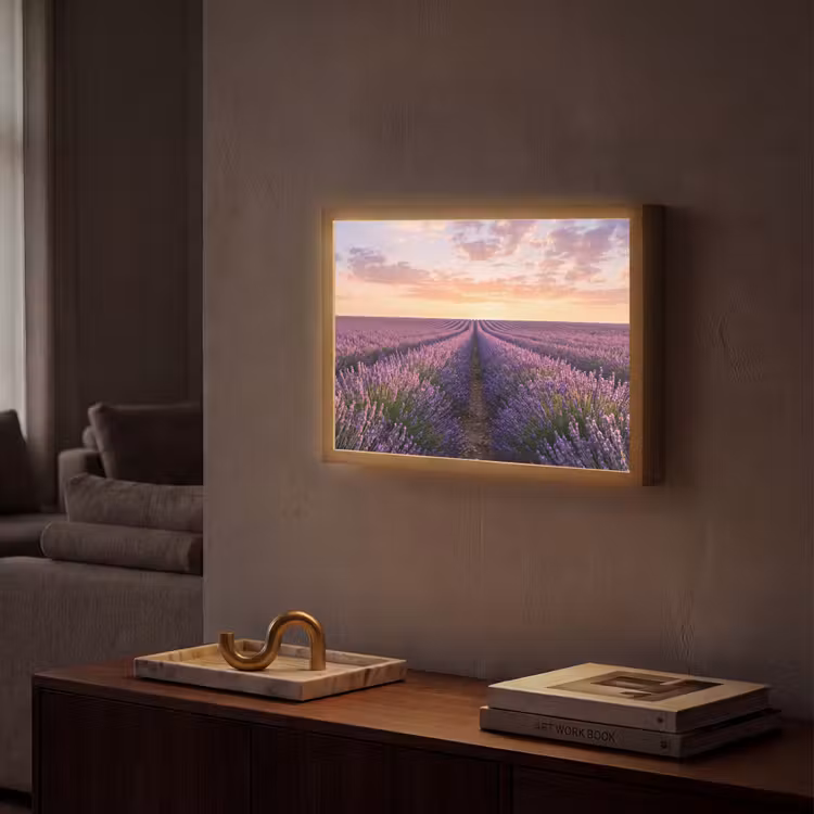 Landschap - Lavendelveld - Paars Light Box met batterij (Wandlamp) middel -sfeer1
