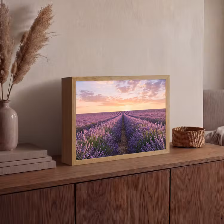 Landschap - Lavendelveld - Paars Light Box met batterij (Wandlamp) middel -sfeer2