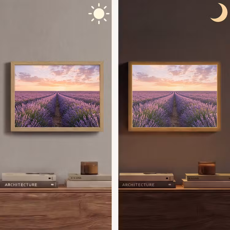 Landschap - Lavendelveld - Paars Light Box met batterij (Wandlamp) middel -sfeer3