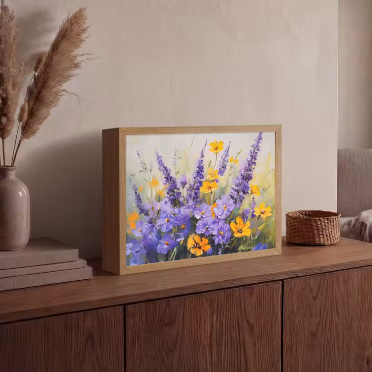 Lavendel - Bloemen - Natuur - Kunst Light Box met batterij (Wandlamp) middel -sfeer2