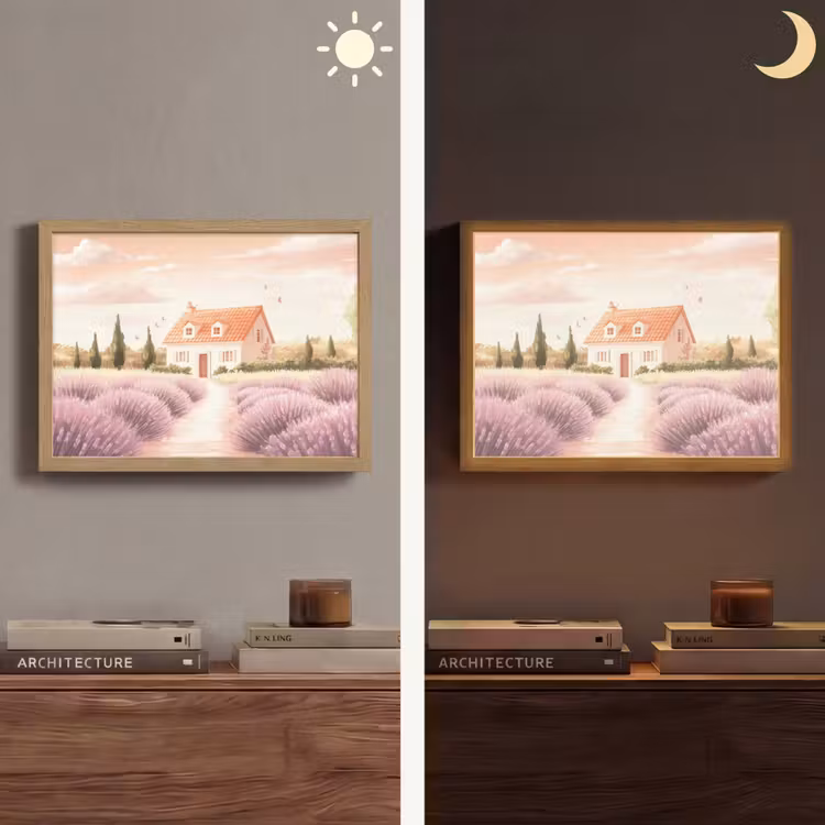 Lavendelveld - Huis - Paars Light Box met batterij (Wandlamp) middel -sfeer3
