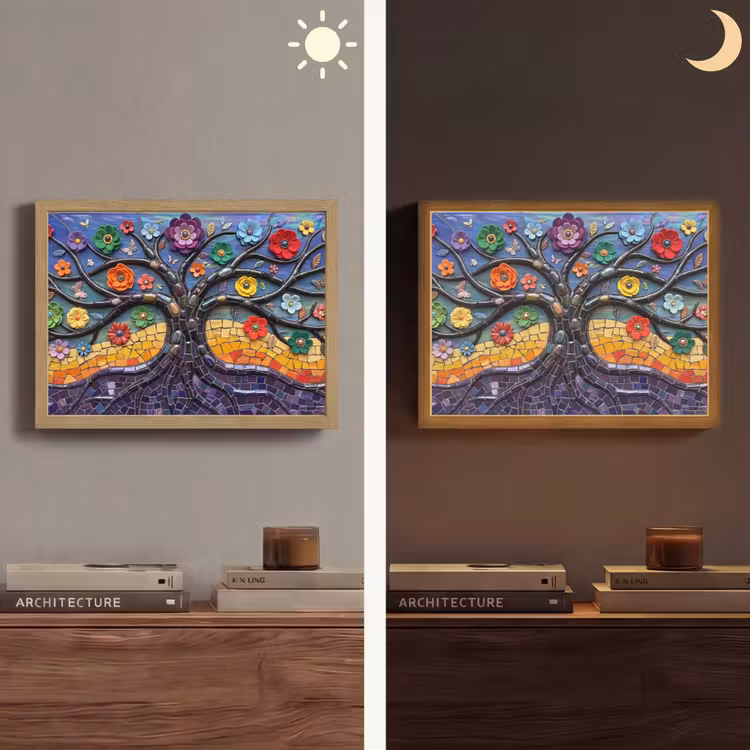 Levensboom - Mozaïek - Bloemen - Kleurrijk - Vrolijk Light Box met batterij (Wandlamp) middel -sfeer3