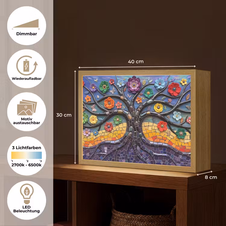 Levensboom - Mozaïek - Bloemen - Kleurrijk - Vrolijk Light Box met batterij (Wandlamp) middel -USP_websiteoverzichtDE