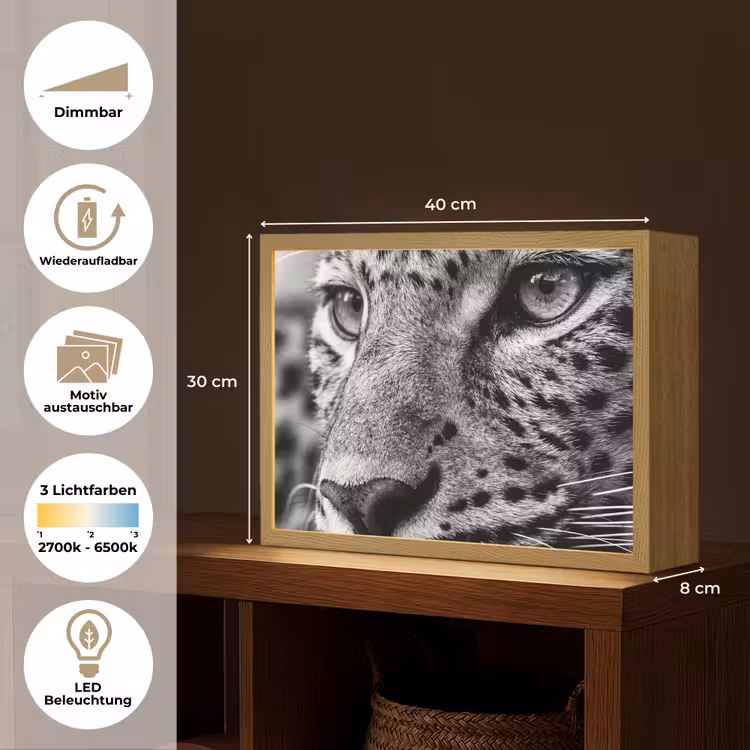 Luipaard - Zwart - Wit - Oog Light Box met batterij (Wandlamp) middel -USP_websiteoverzichtDE