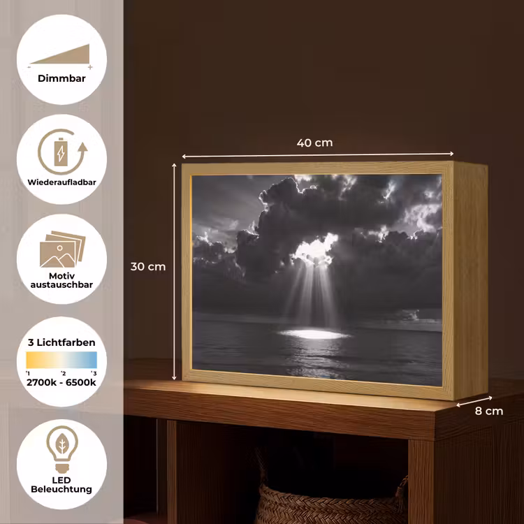 Licht - Wolken - Zee - Zwart-wit - Natuur Light Box met batterij (Wandlamp) middel -USP_websiteoverzichtDE