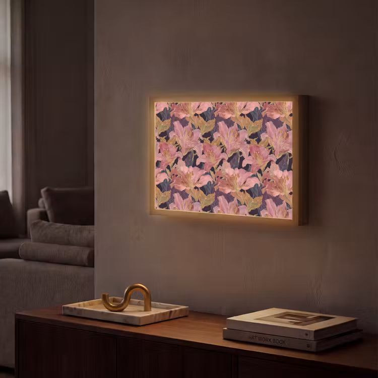 Lelies - Patroon - Roze - Goud Light Box met batterij (Wandlamp) middel 907 -sfeer1
