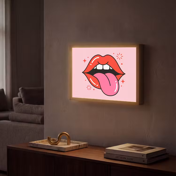 Lippen - Tong - Pop-art - Kleurrijk - Roze Light Box met batterij (Wandlamp) middel -sfeer1