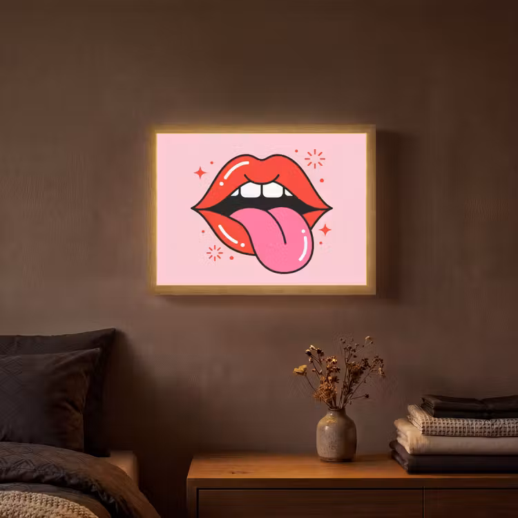 Lippen - Tong - Pop-art - Kleurrijk - Roze Light Box met batterij (Wandlamp) middel -sfeer4