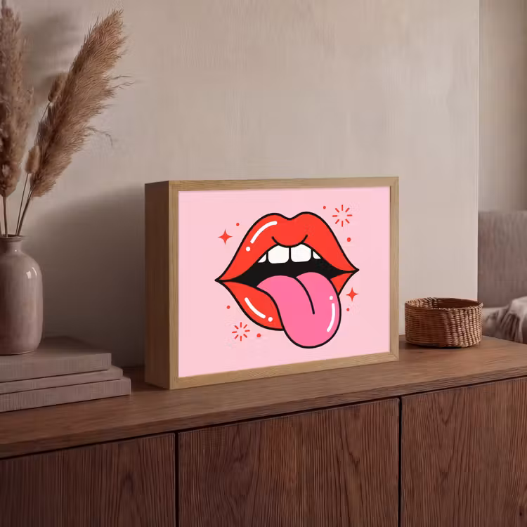 Lippen - Tong - Pop-art - Kleurrijk - Roze Light Box met batterij (Wandlamp) middel -sfeer2