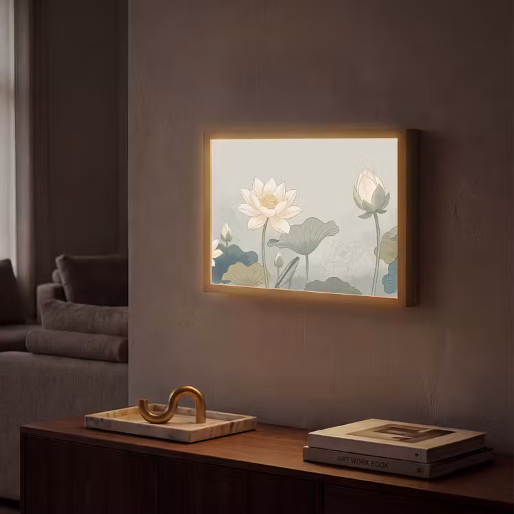 Lotus - Bloemen - Groen Light Box met batterij (Wandlamp) middel -sfeer1
