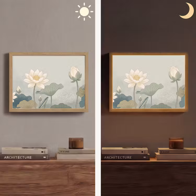 Lotus - Bloemen - Groen Light Box met batterij (Wandlamp) middel -sfeer3