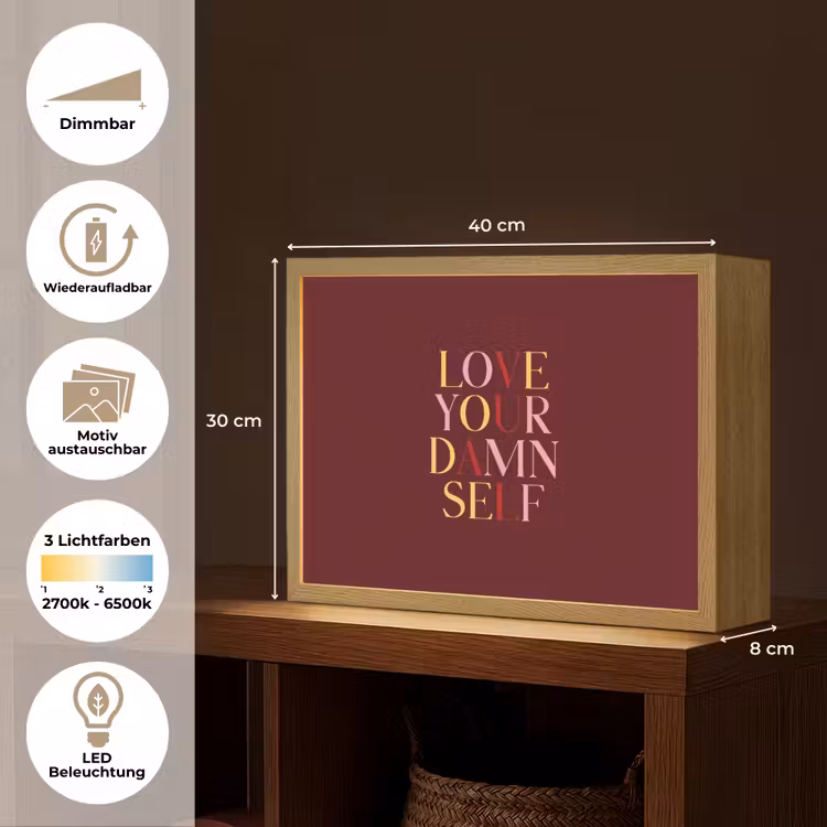Love your damn self - Kleurrijk - Bordeaux Light Box met batterij (Wandlamp) middel -USP_websiteoverzichtDE