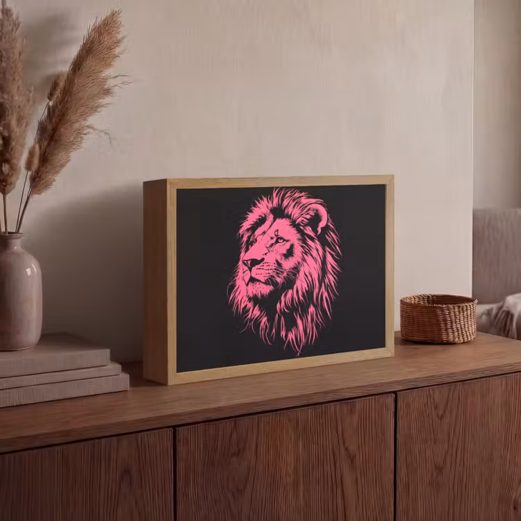 Leeuw - Zwart - Roze - Neon Light Box met batterij (Wandlamp) middel -sfeer2
