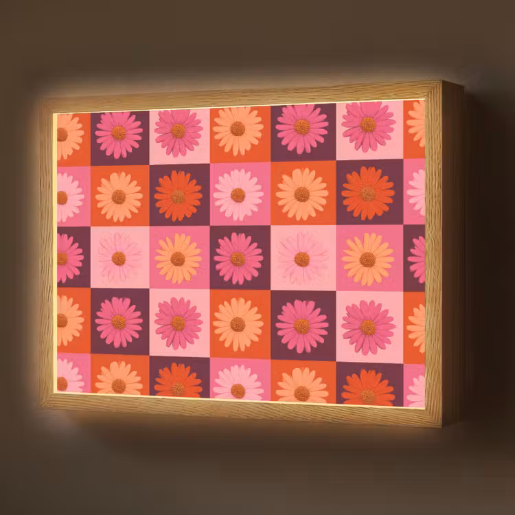 Madeliefjes - Dambord - Retro - Roze - Oranje Light Box met batterij (Wandlamp) middel 907 -z3d_website