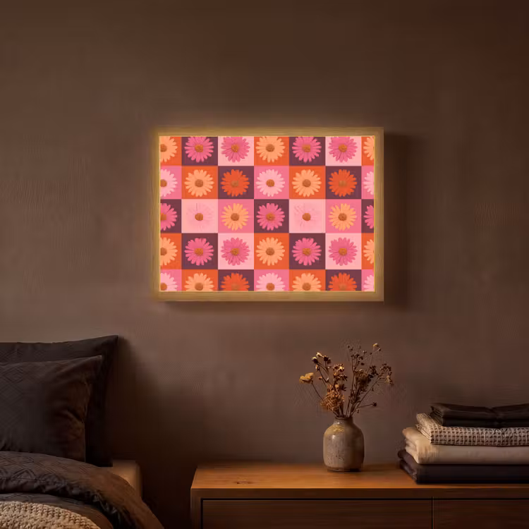 Madeliefjes - Dambord - Retro - Roze - Oranje Light Box met batterij (Wandlamp) middel 907 -sfeer4