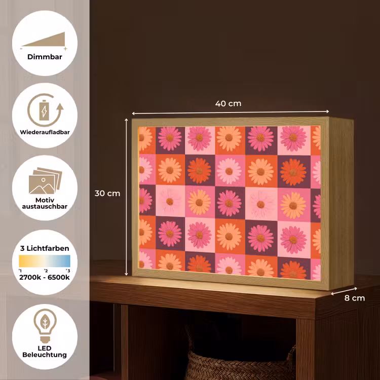 Madeliefjes - Dambord - Retro - Roze - Oranje Light Box met batterij (Wandlamp) middel 907 -USP_websiteoverzichtDE