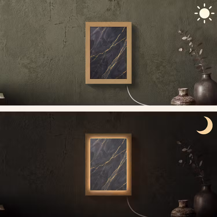 Marmer - Goudaders - Abstract - Modern - Zwart Light Box met kabel (Wandlamp) klein -sfeer3