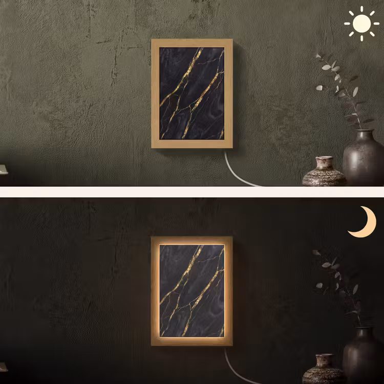 Marmer - Gouden aders - Abstract - Zwart Light Box met kabel (Wandlamp) klein -sfeer3