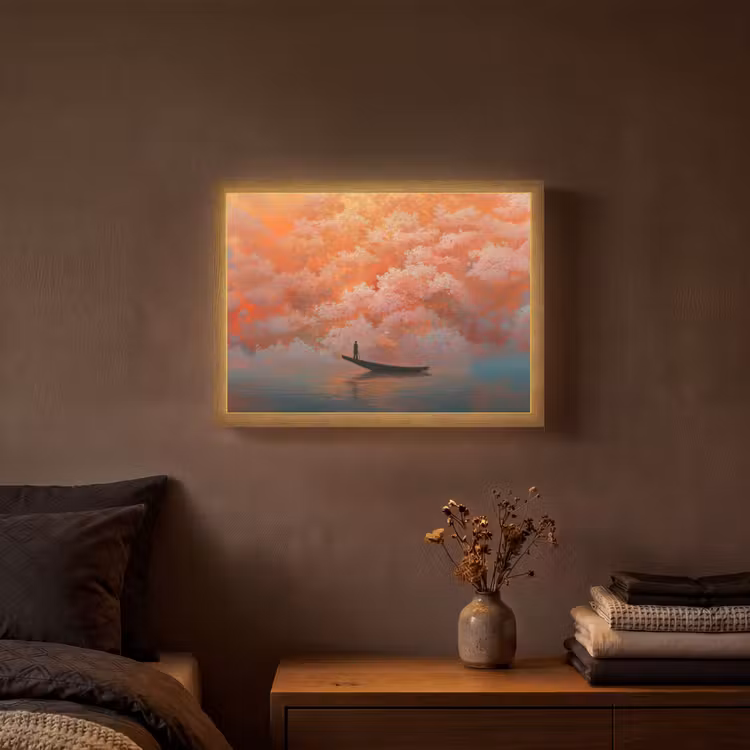 Zee - Boot - Wolken - Oranje Light Box met batterij (Wandlamp) middel -sfeer4