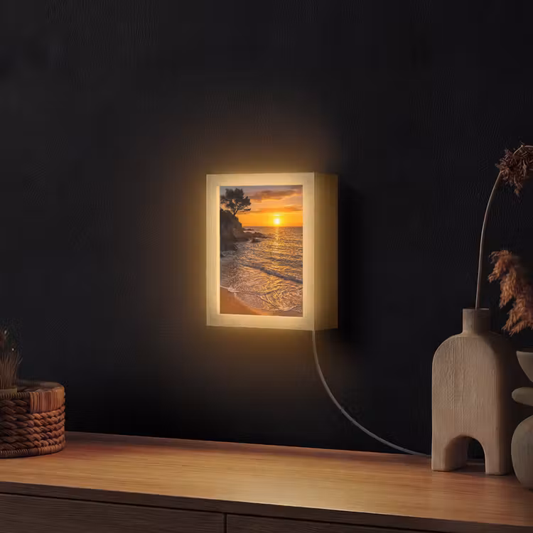 Zee - Kust - Zonsondergang - Natuur - Oranje Light Box met kabel (Wandlamp) klein -sfeer1