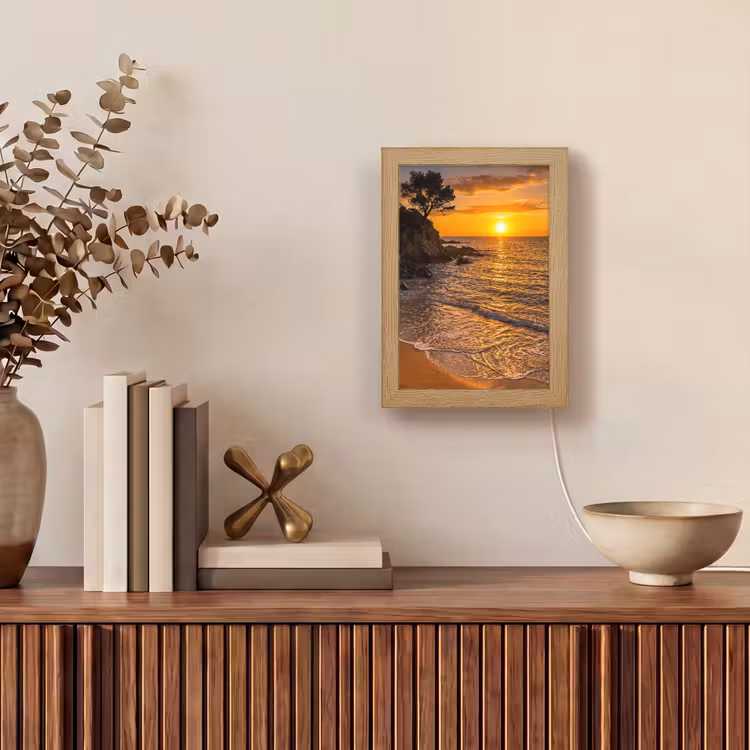 Zee - Kust - Zonsondergang - Natuur - Oranje Light Box met kabel (Wandlamp) klein -sfeer2