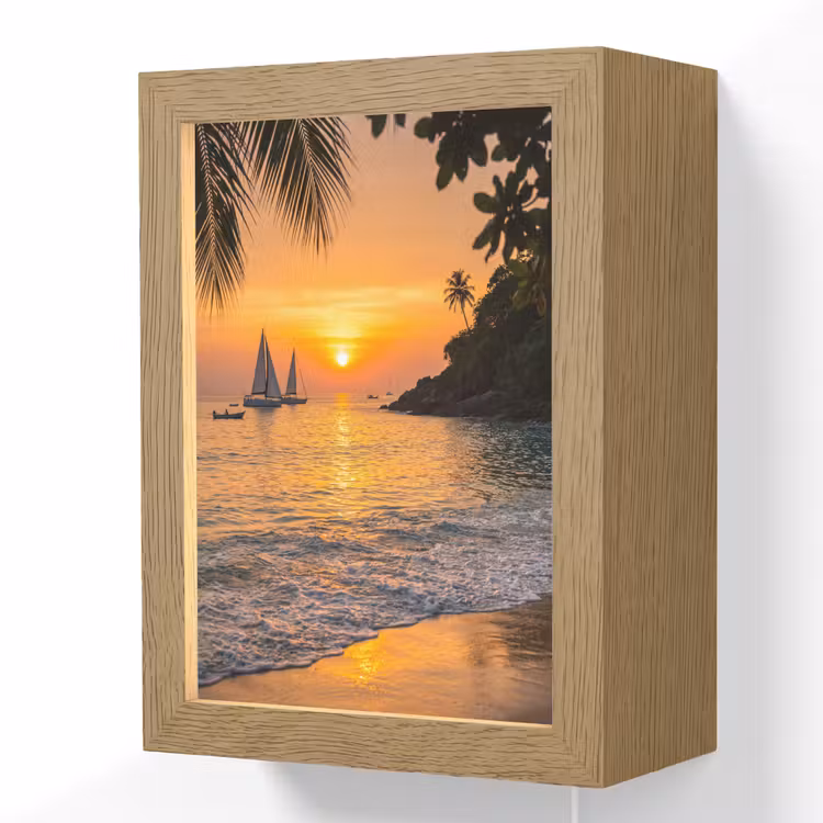 Zee - Zonsondergang - Boot - Natuur - Oranje Light Box met kabel (Wandlamp) klein -3d