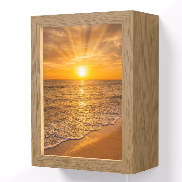Zee - Zonsondergang - Golven - Kust - Oranje Light Box met kabel (Wandlamp) klein -3d