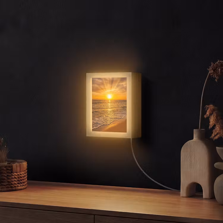 Zee - Zonsondergang - Golven - Kust - Oranje Light Box met kabel (Wandlamp) klein -sfeer1