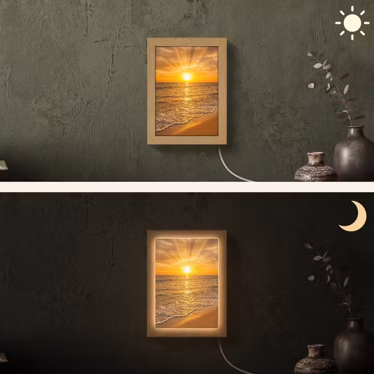 Zee - Zonsondergang - Golven - Kust - Oranje Light Box met kabel (Wandlamp) klein -sfeer3