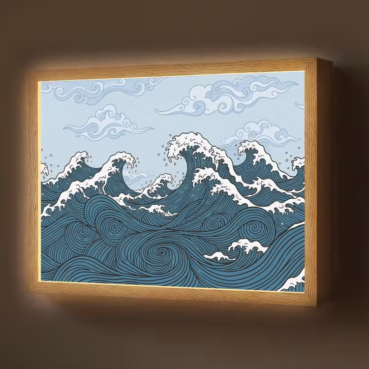 Zee - Golven - Japans - Natuur - Blauw Light Box met batterij (Wandlamp) middel -z3d_website